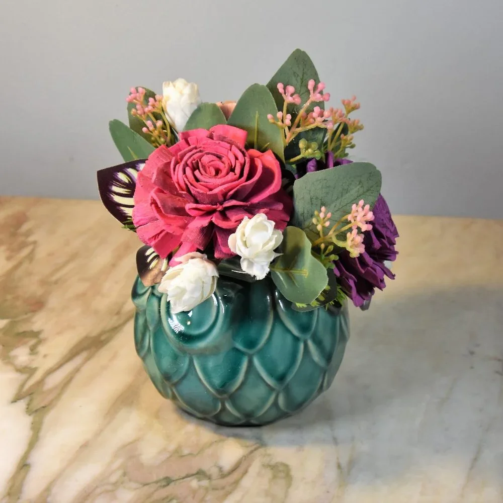 Wise Owl! 4 inch Aqua ceramic owl planter with sustainable Sola wood roses